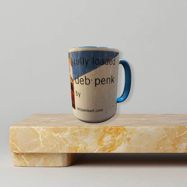 Ceramic coffee mug with expressive artwork by Deb Penk