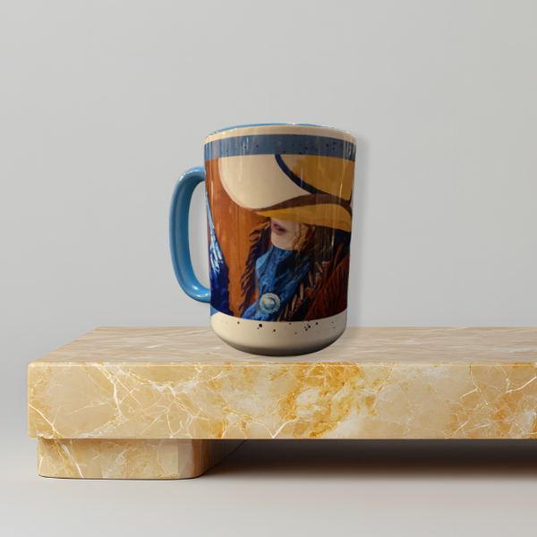 Ceramic coffee mug with expressive artwork by Deb Penk