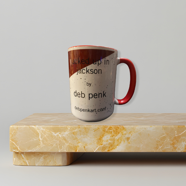 Ceramic coffee mug with expressive artwork by Deb Penk