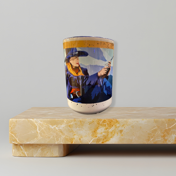 Colorful ceramic mug printed with Deb Penk’s artwork My Ranch My Rules
