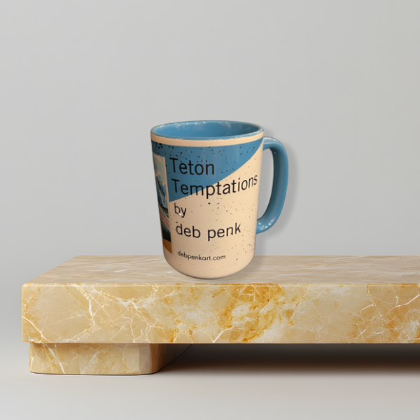 Colorful ceramic mug printed with Deb Penk’s artwork Teton Temptations