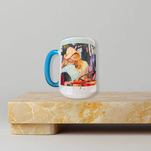 Ceramic mug featuring the artwork “Too Sexy for My Tractor” by Deb Penk
